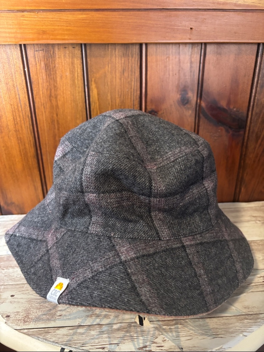 C & C Collection Plaid Bucket Hat in Gray and pink